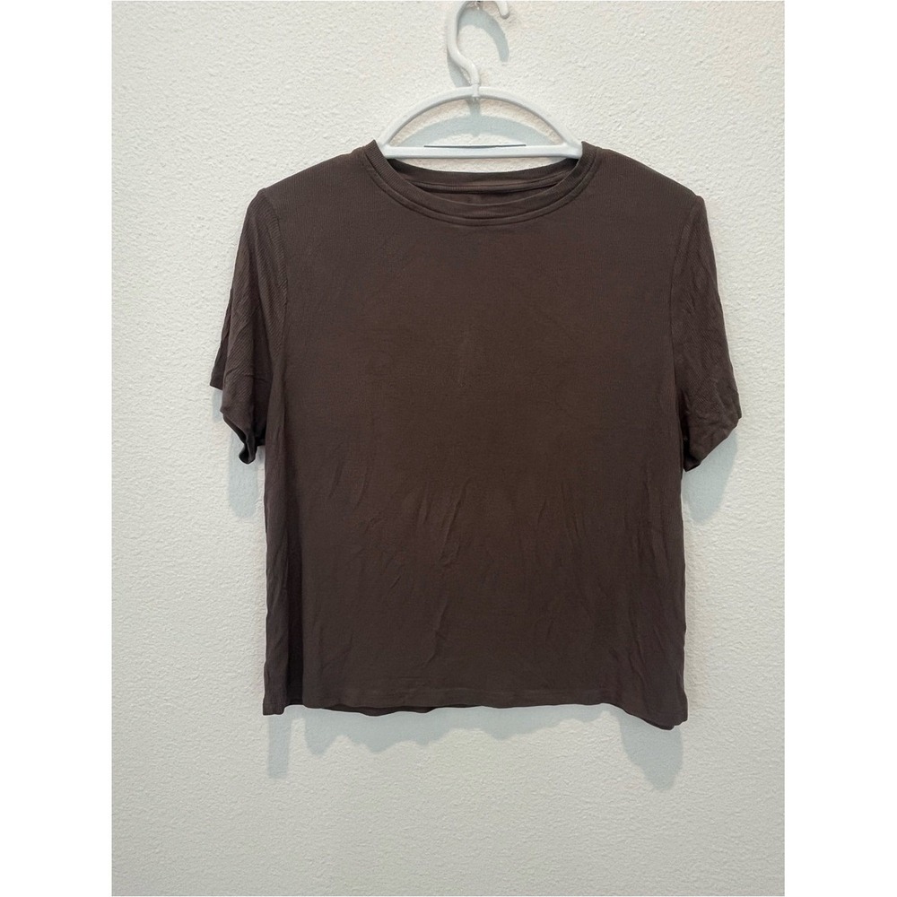 Nuuds Rib Tee Women Gray Brown Short Sleeve Ribbed Crewneck Top Size M WS-074